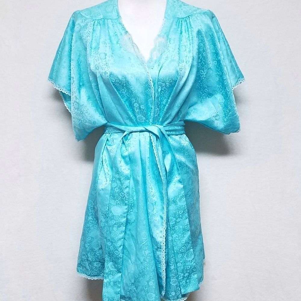 VINTAGE 1960s Lily of France Teal Floral Belted Waist Lace Satin Kimono Robe Med
